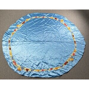 Vintage Satin Embroidered Blue Round Table Cover 36” Diameter